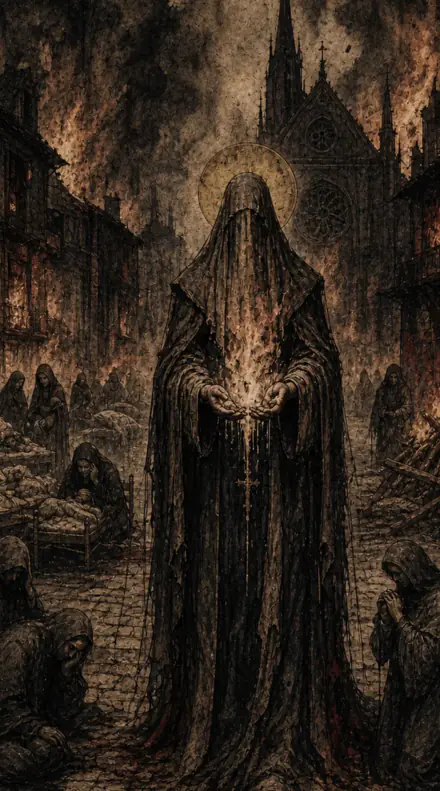 Mother Elowen, veiled, holding a flame in her hands in a burning town of the sick.