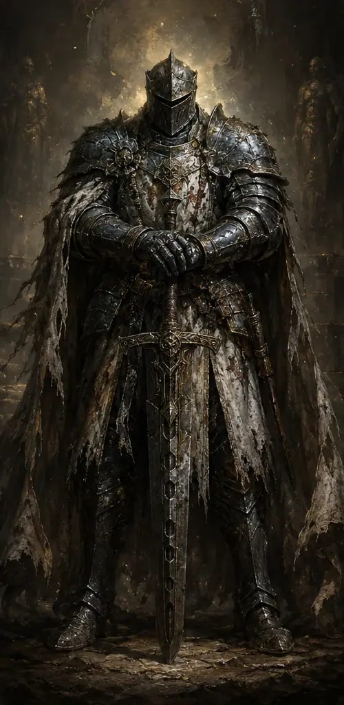 The Gravebound Knight in battered plate and a torn ivory tabard, both hands resting on a greatsword planted point-down.