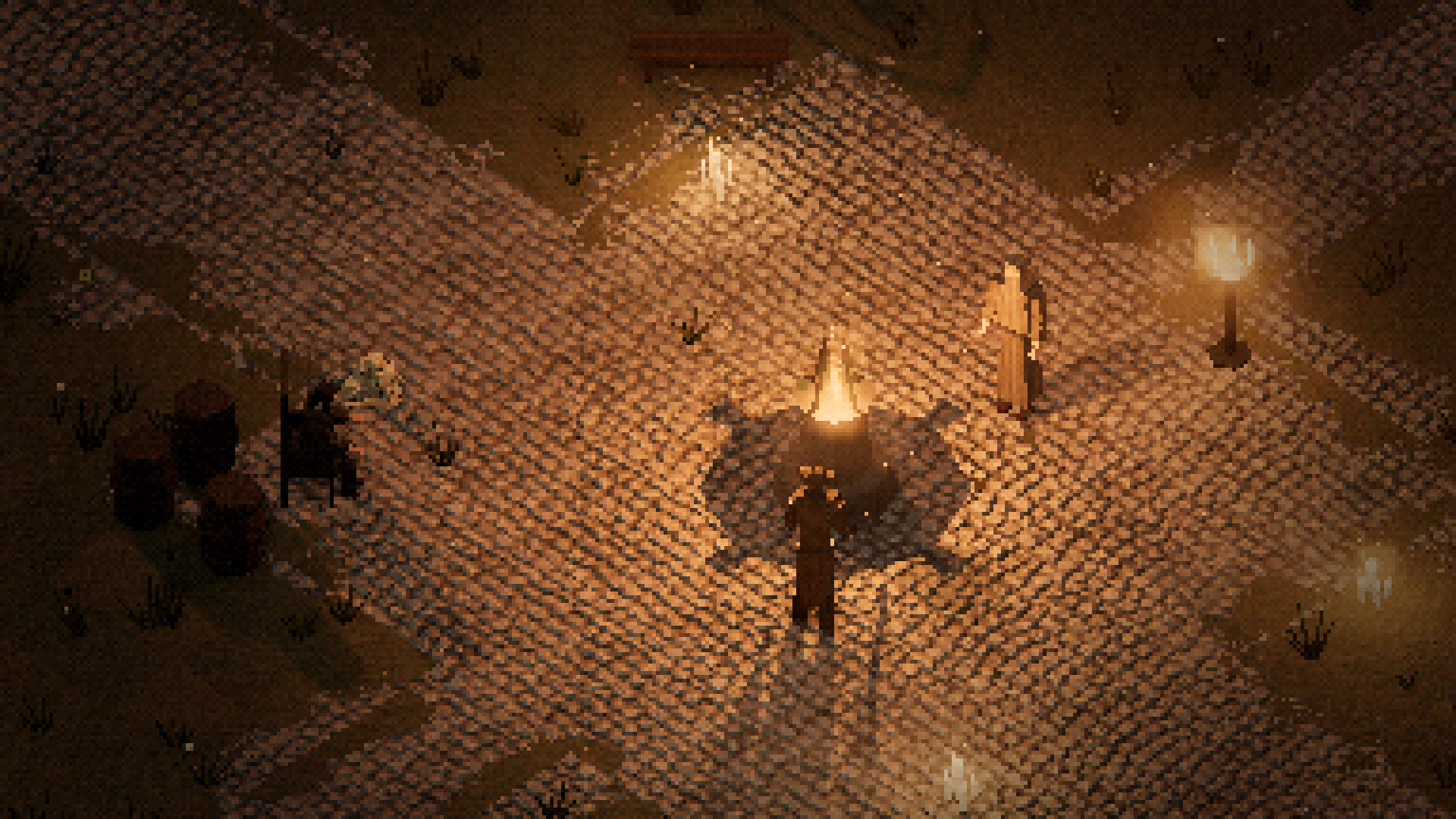 A pilgrim before the Last Vigil at dusk, the Veiled Keeper beside the flame and Father Halewyn in his chair among the barrels.