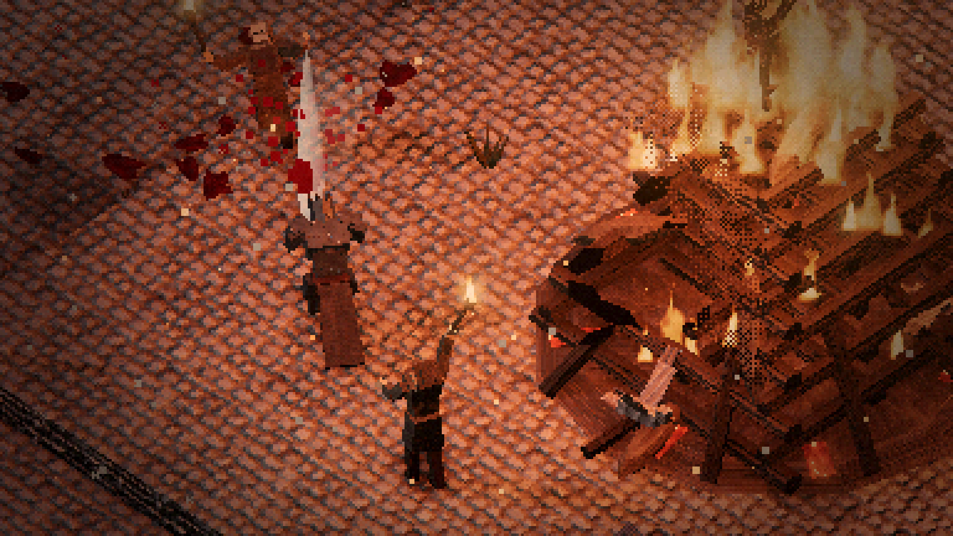 A knight drives his greatsword through a torchbearer beside Wickmere's burning pyre.