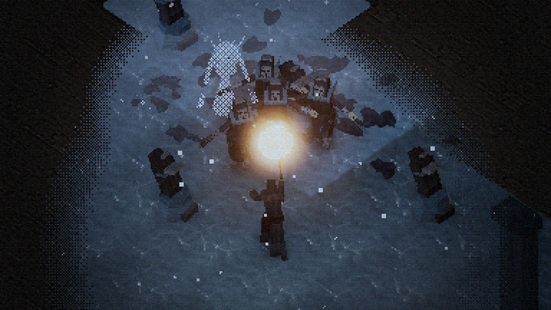 A Veil Arcanist raises Sunfall over her staff, lighting a mob of Frostbitten Supplicants amber against the ice of the Glass Sepulchre.