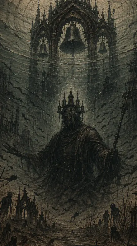 Thalass, crowned, rising from dark water beneath a sunken belfry, drowned figures around him.