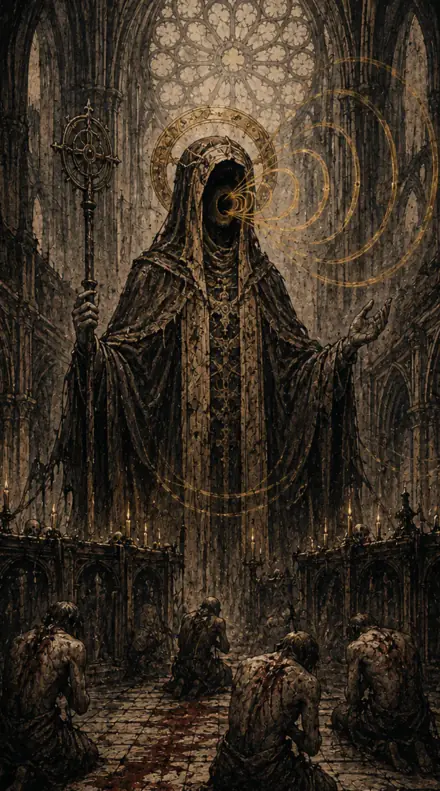 Vesper, a hooded saint with a golden halo, raising a hand over flagellants kneeling in a cathedral.